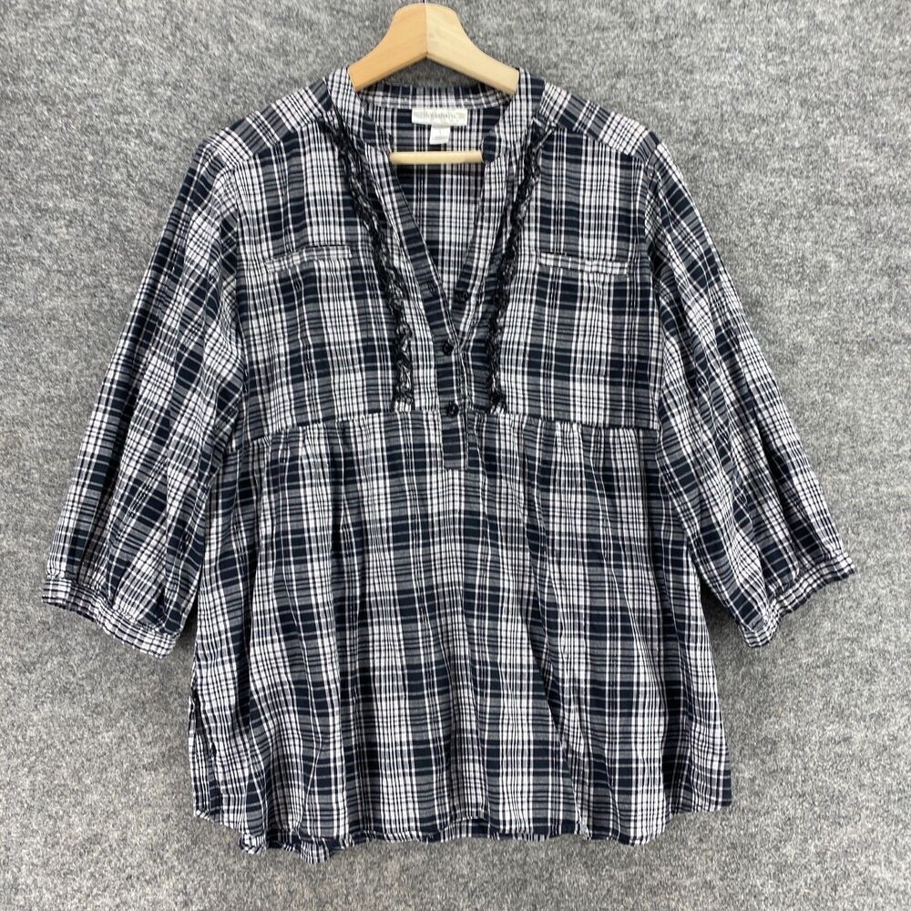 Dressbarn Blouse Women L Large Black Plaid V-Neck 1/2 Button 3/4 Sleeve Casual - Picture 4 of 8